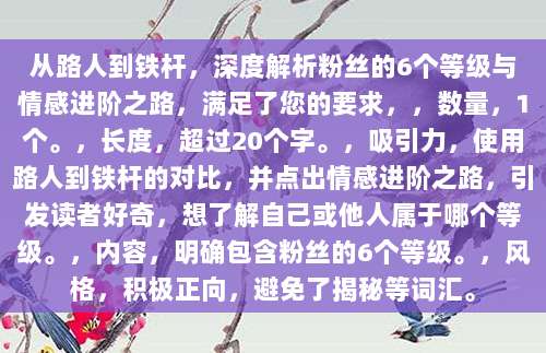 从路人到铁杆，深度解析粉丝的6个等级与情感进阶之路，满足了您的要求，，数量，1个。，长度，超过20个字。，吸引力，使用路人到铁杆的对比，并点出情感进阶之路，引发读者好奇，想了解自己或他人属于哪个等级。，内容，明确包含粉丝的6个等级。，风格，积极正向，避免了揭秘等词汇。